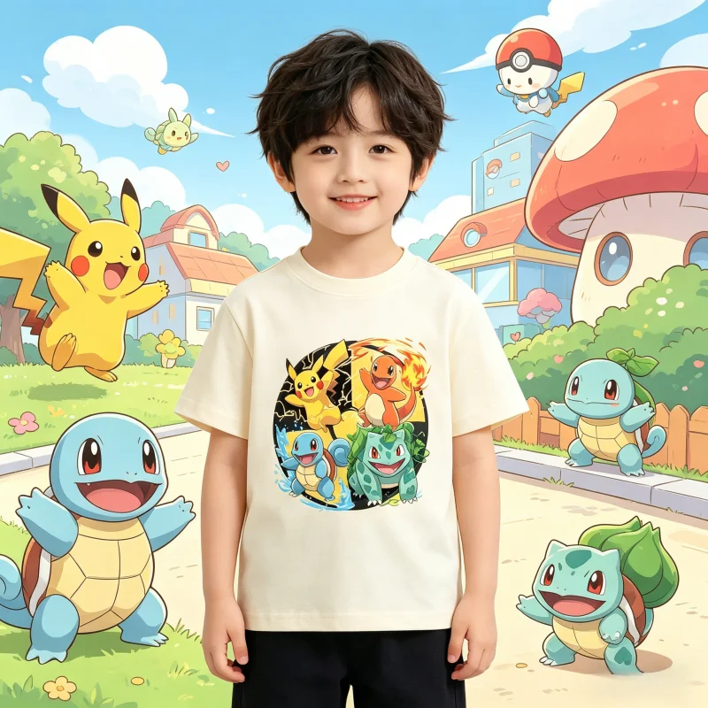 2026 Summer Pokemon Starter Squad Cotton T-Shirt, Unisex Casual Breathable Quick Dry Plus Size Family Matching Sports Tee Y2k