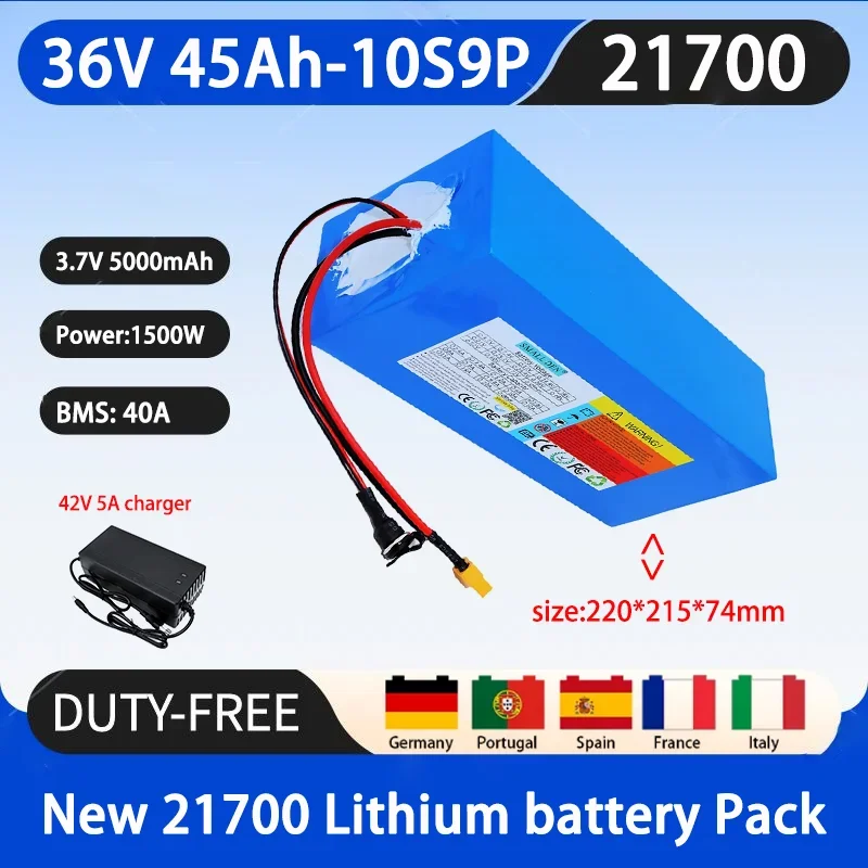 New 36V 45Ah 21700 10S9P lithium battery pack, 1500W high-power with built-in 40A BMS suitable for various energy storage backup