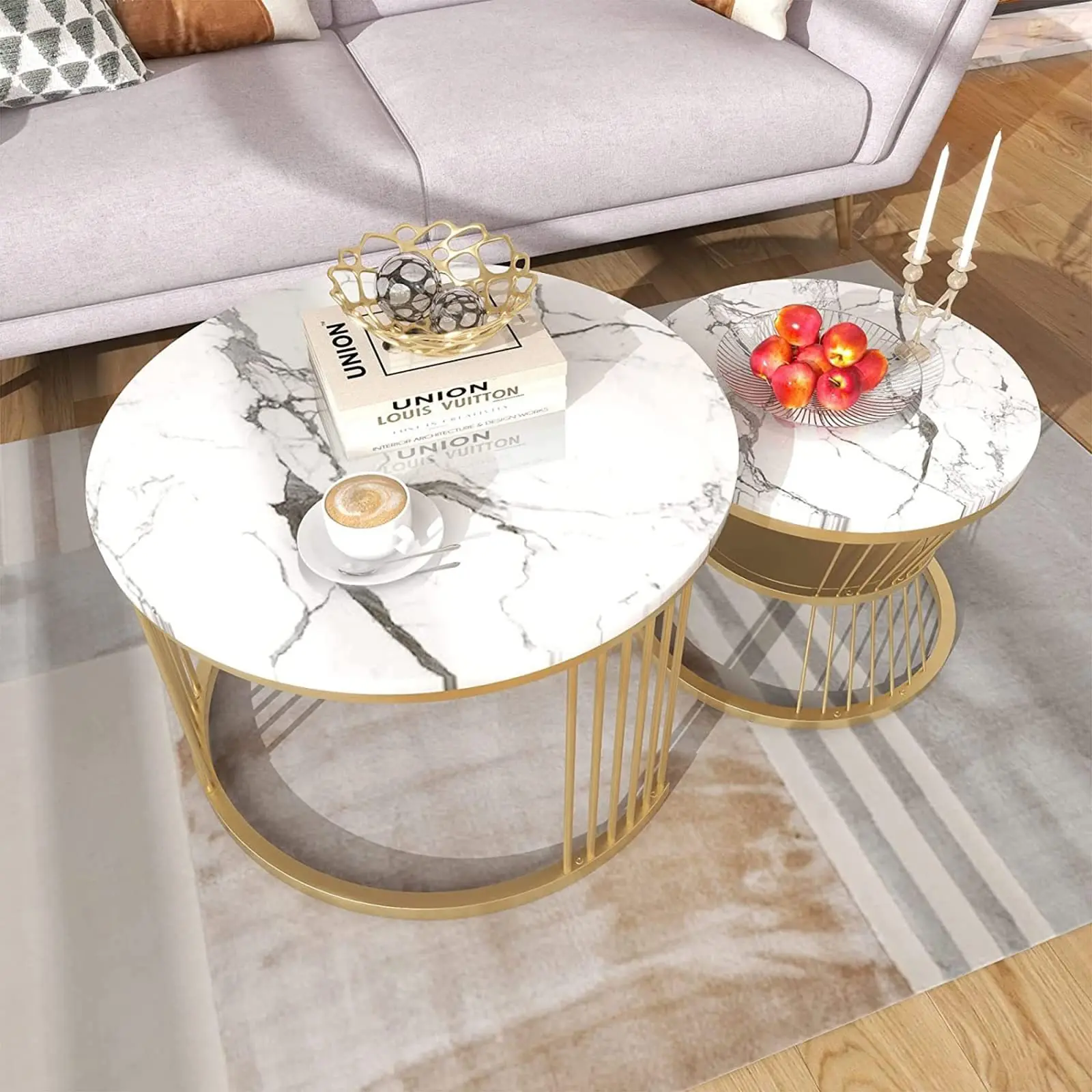 Wrought iron letter coffee table combination living room sofa rock slab tea table double layer round size side table