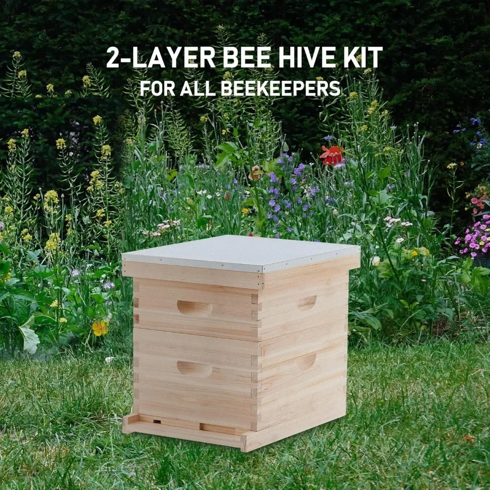 Bee Hive Boxes 10 Frame, Bee Keeping Starter Kit with Beehive Frames and Foundation, 2 Layers Complete Bee Hive Kit