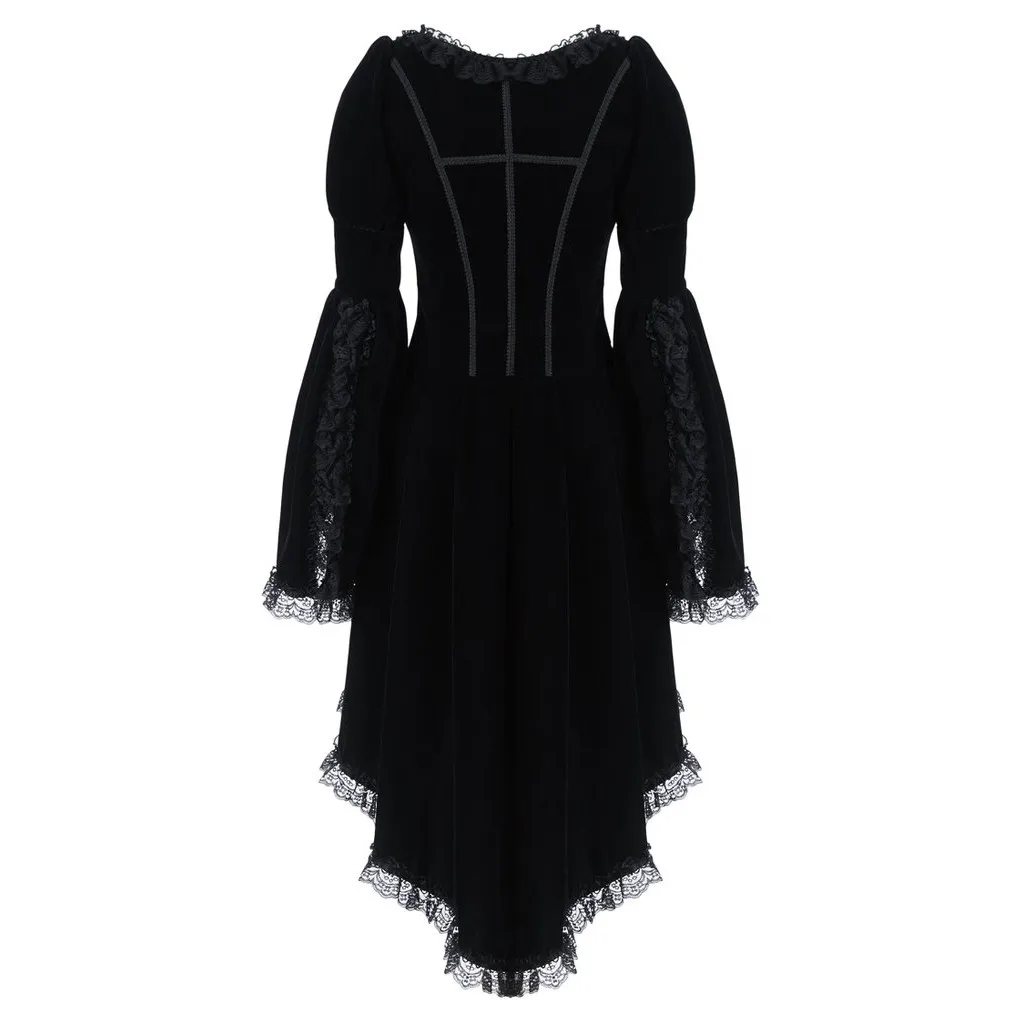 Women Gothic Dress Long Sleeve Cross Irregular Velvet Dresses Lace Hem Medieval Ladies Witch Dress Lolita Cosplay Costume