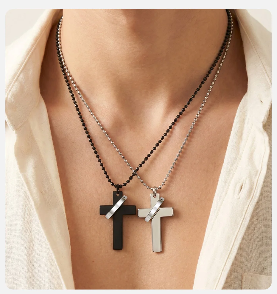 Vnox Geometrische Kreuz-Kreis-Anhänger-Halsketten für Männer, Edelstahl in Schwarz und Silber, Mehrschichtige Halskette als Gothic-Glaubensgeschenk – Detail 2