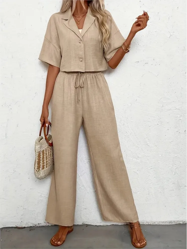 

Elegant Solid Color Two-piece Set Of Fashionable Women's Spring Summer New Casual Suit Jacket+lace Up Wide Leg Pants Set