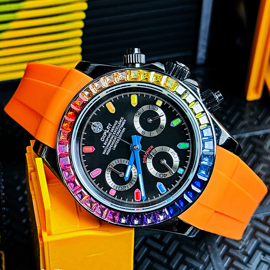 OKPLAY Men Chronograph Watch Pilot 39.5mm Quartz Wristwatch Sapphire Mirror 100M Waterproof VK63 Crystal Bezel