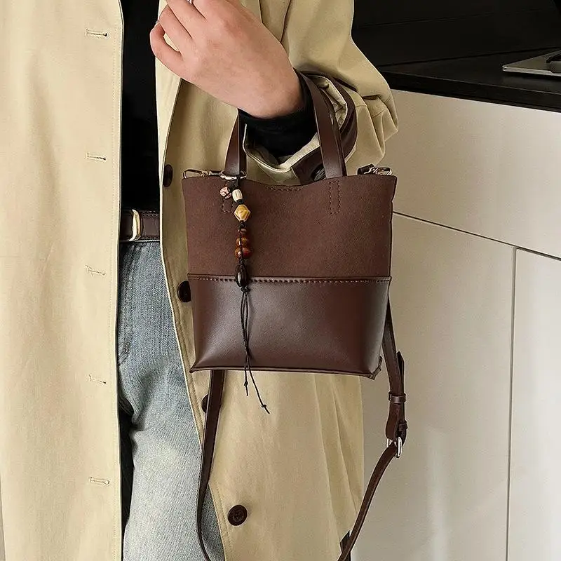DIY Knitted Bag - Colorful Brown PU Leather Shoulder Sling Women's Bag - Beginner Set of Solid Color Large Capacity Bag