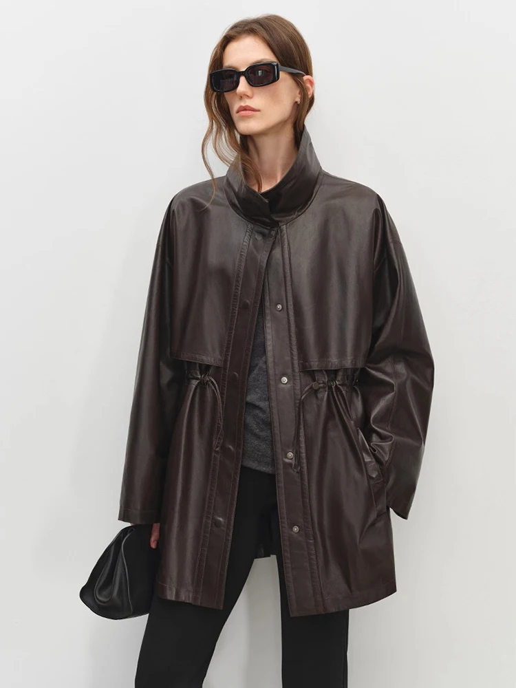 ความยาวกลางของแท้หนัง Windbreaker แจ็คเก็ตผู้หญิงฤดูใบไม้ผลิฤดูใบไม้ร่วง High-end Simple STAND COLLAR นุ่ม Real Sheepskin Coat