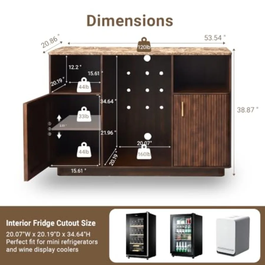 Marble Top Fluted Coffee Bar Cabinet with Mini Fridge Space