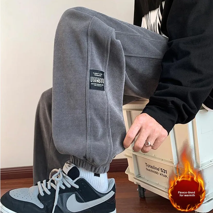 Men's Fleece Lined Corduroy Work Trousers Loose Fit mid Waist Long Pants Autumn Winter Fashion Casual Wear Light Grey