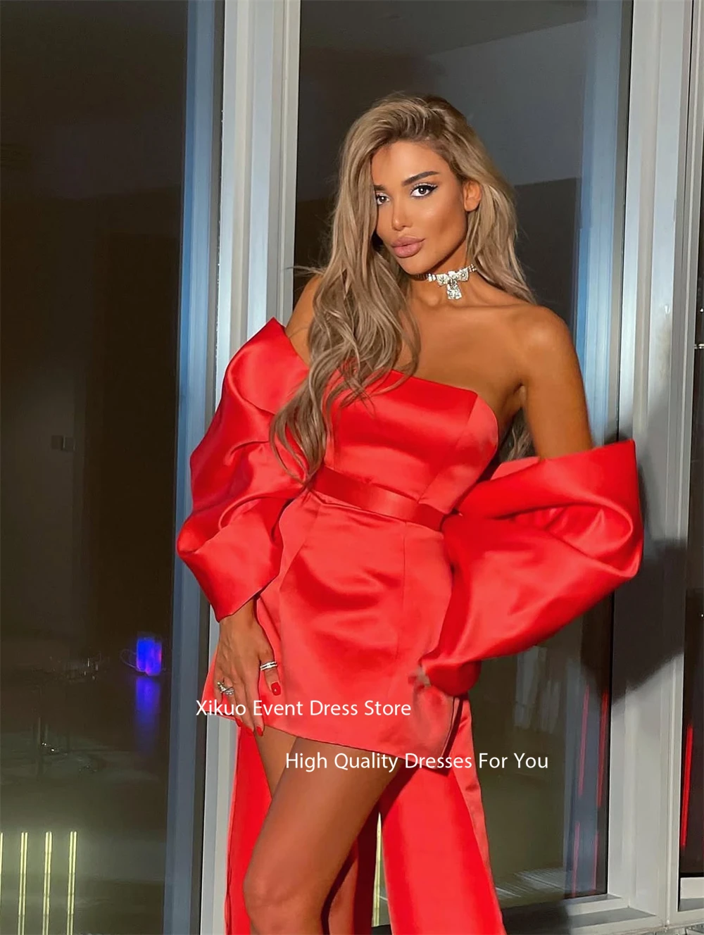 ชุดราตรีออกงานแบบสั้น ซิคู ซาติน แบบเปิดไหล่ สำหรับแขกในงานแต่งงาน สายเดี่ยวผูกเชือกด้านหลัง ชุดงานเลี้ยงคืนสู่เหย้า สามารถสั่งตัดได้