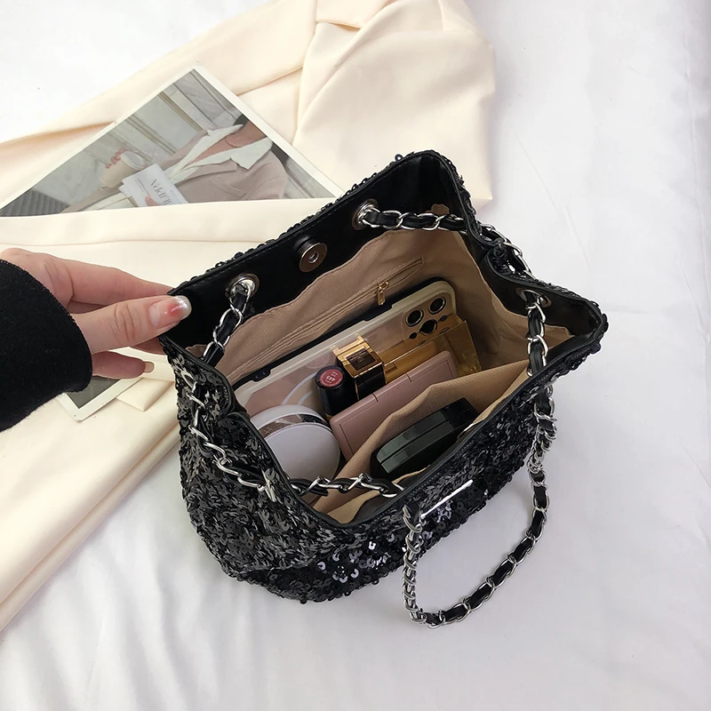 Bucket Women Bags Designer Silver Metal Sequins Chain Woven Bag Hollow Evening Bags Clutch Female Travel Shoulder Bag Handbag