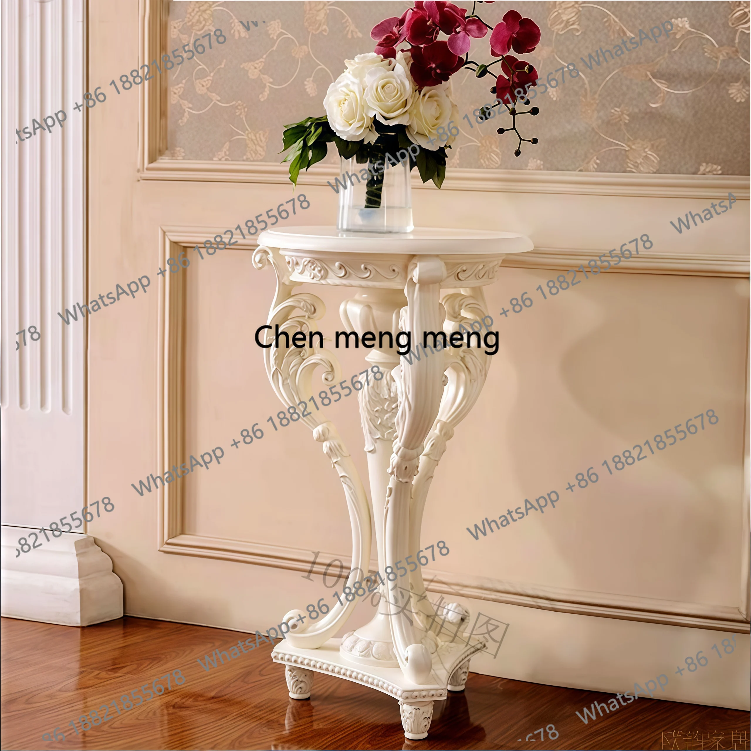 

European-style indoor flower stand, high-end luxury marble gold-painted white flower table, living room balcony shelf
