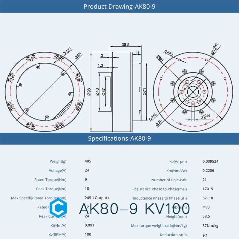 AK80-9 T-motor CubeMarsKV100 Brushless Motor For Robot Dynamics Robotic Dynamic Module Robot Leg Arm Exoskeleton