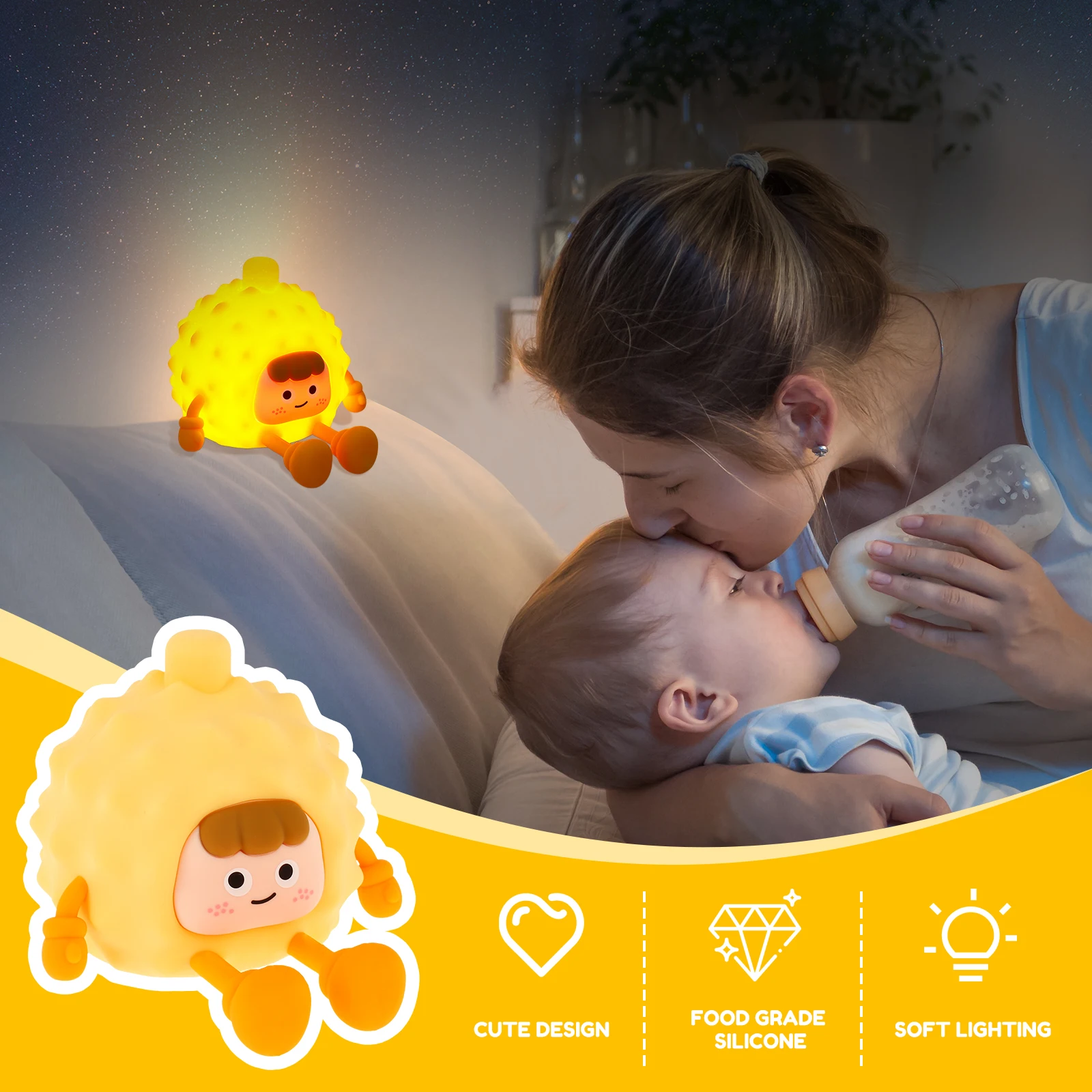 Kids Night Light Cute Durian Night Light 3 Speed Dimmable Silicone Nursery Light Soft Silicone Bedside Lamp Rechargeable Nursery