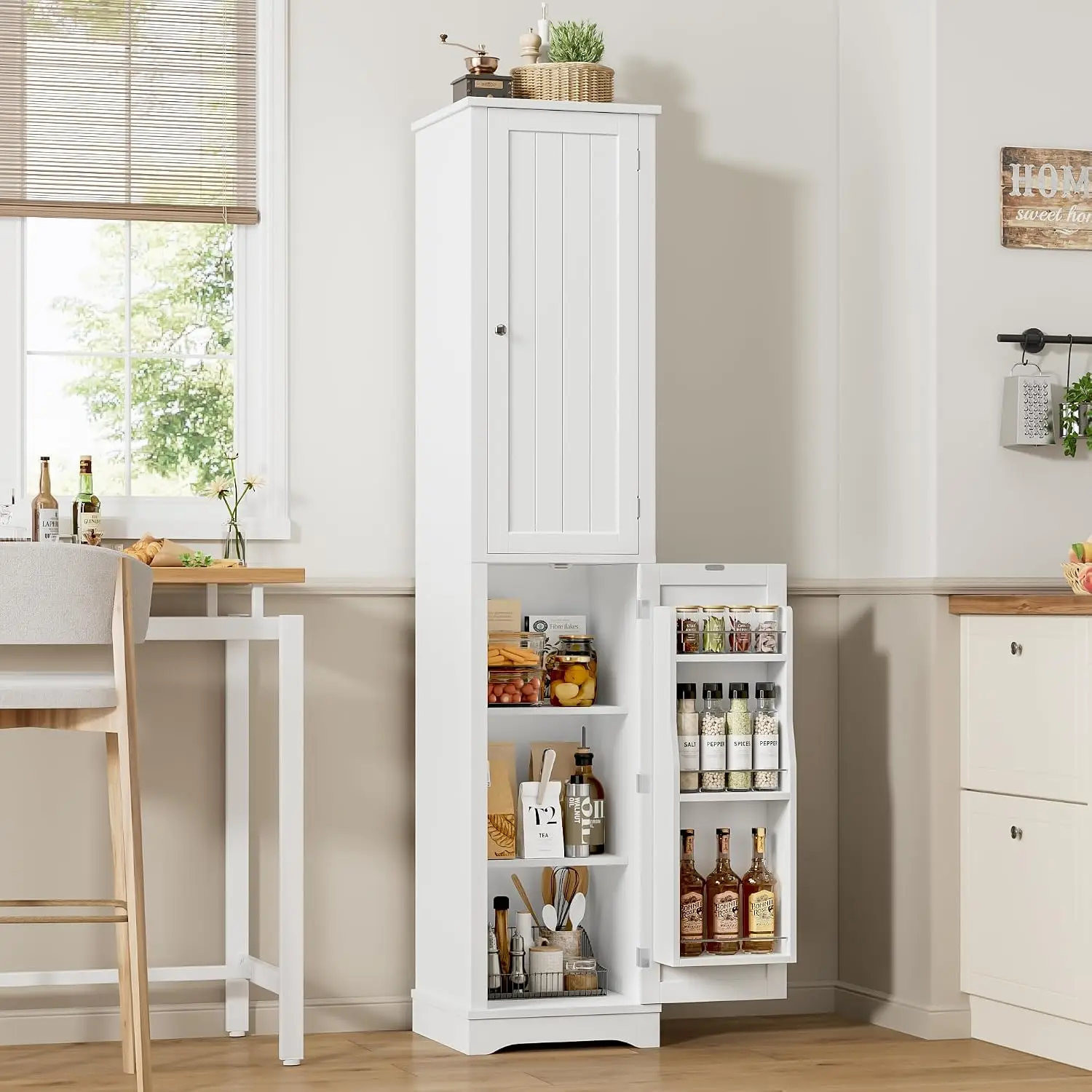 Tall Narrow Storage Cabinet With Reversible Doors Small Kitchen Pantry Cabinet Adjustable Shelves Spice Rack Slim Storage Organizer For Bathroom Living Room Entryway White - view 2