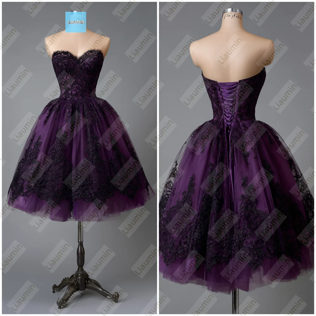 

Purple Tulle Strapless Black Lace Applique Knee Length Evening Prom Wedding Formal Dress Lace-up Customized Made A7-1.72