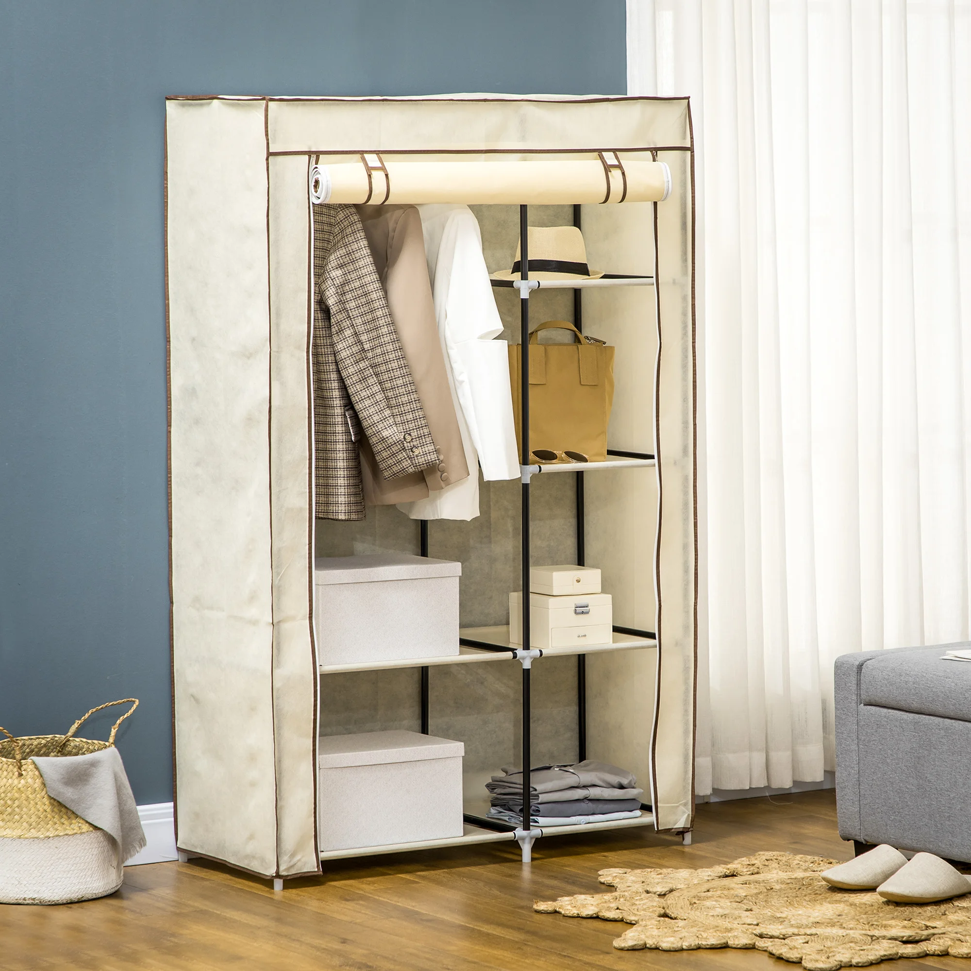 Homcom Falt stoff Kleider schrank mit 6 Regalen und 1 Bar 103x43x162,5 cm Creme