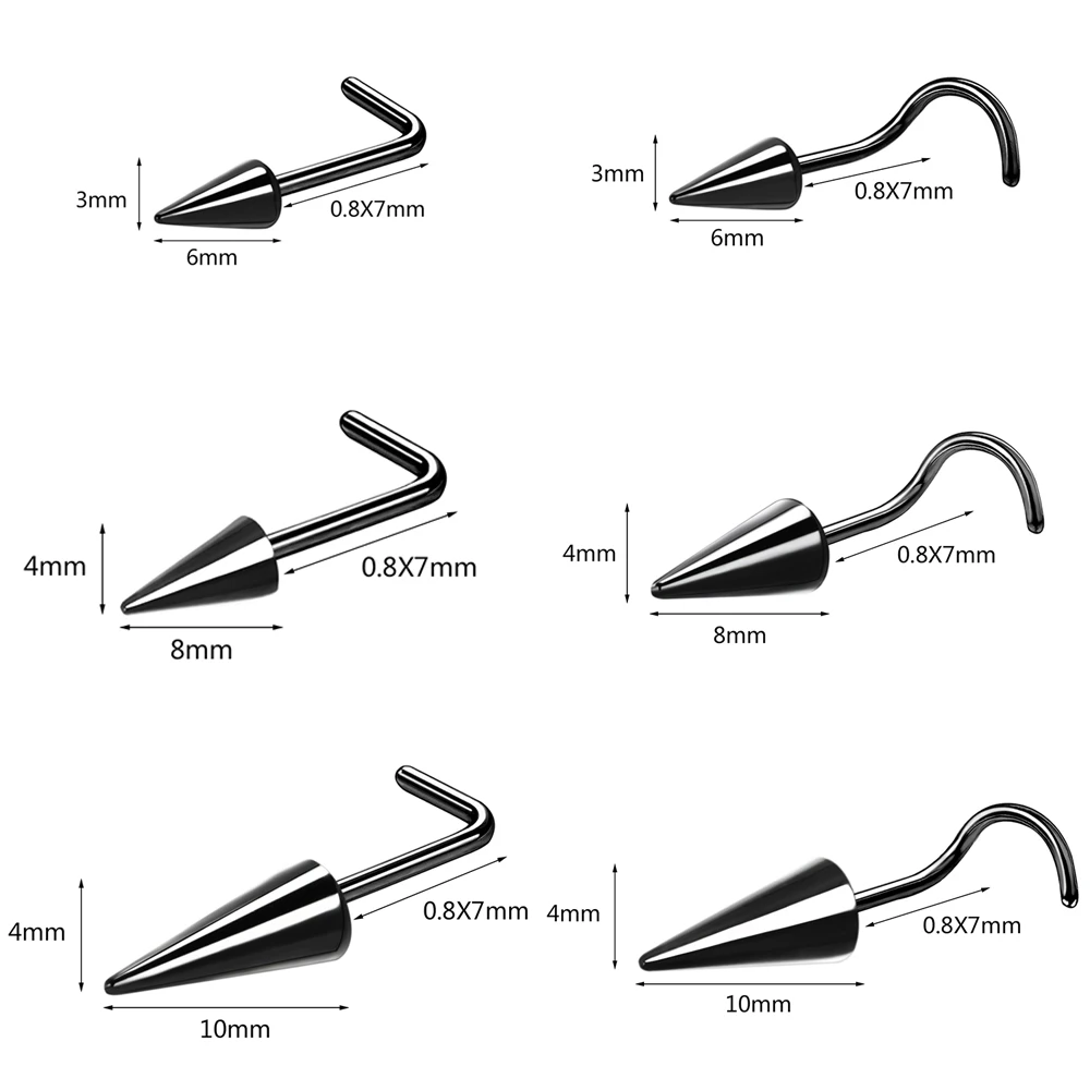 AOEDEJ 긴 스파이크 콧구멍 피어싱 펑크 블랙 코 스터드, 스테인레스 스틸 콘, 나리즈 스터드 셉텀 링 피어싱, 20G, 6 개