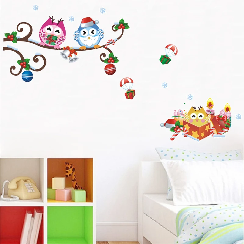 Lovely Owlets Merry Christmas Wall Stickers For Kids Bedroom Home Decoration Diy Festival Mural Art Animals Wall Decal Poster