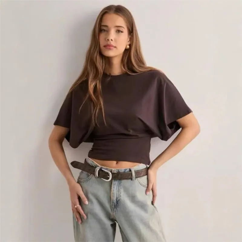 

Short European and American style bat sleeve top 2025 new fashion high-waisted crop pure color loose short-sleeved T-shirt for