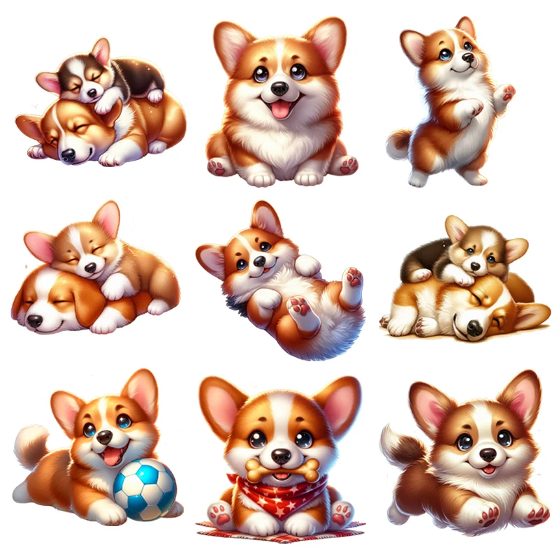 

Cartoon Cute Corgi cozy Enjoy dog Heat Transfers Iron On Transfers For Clothing DIY Children's T-shirt Decoration Stripe Washing