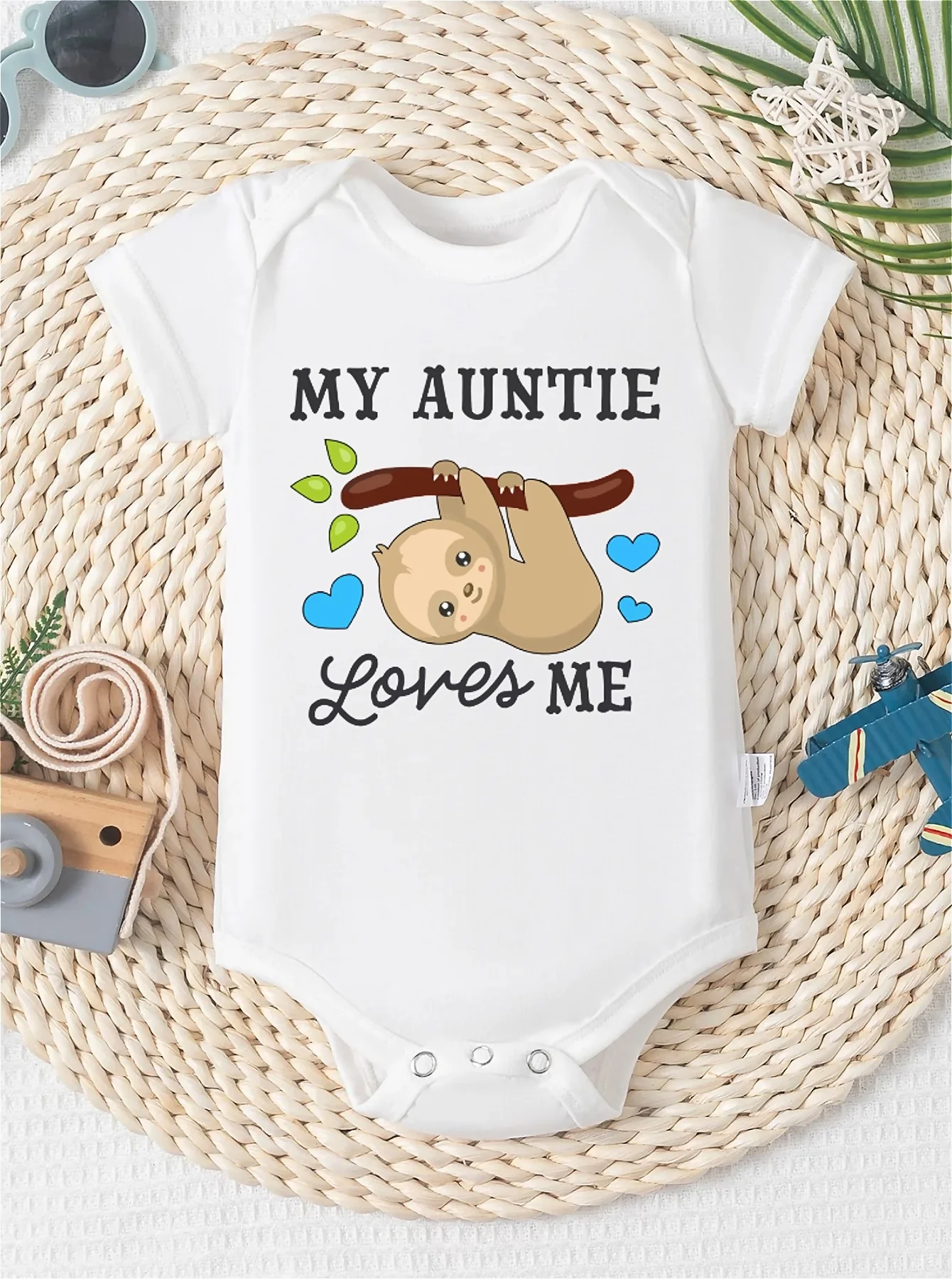 

My Auntie Loves Me Koala Pattern Newborn Romper Summer Short Sleeve Baby Triangle Onesie Gift for Expectant Mothers