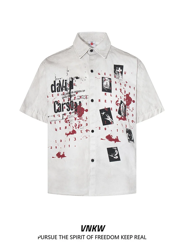 

Retro American Street Style Graffiti Print Short Sleeve Shirt Loose Fit Unisex Turn-down Collar Couple's Open Cardigan Top Tr...