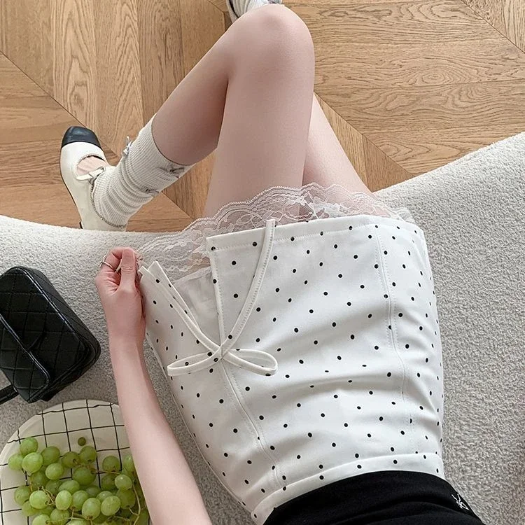 Slit Bow Tie Lace Spliced Short Skirt for Women, Spring and Summer New High-waisted Polka Dot A-line Skirt