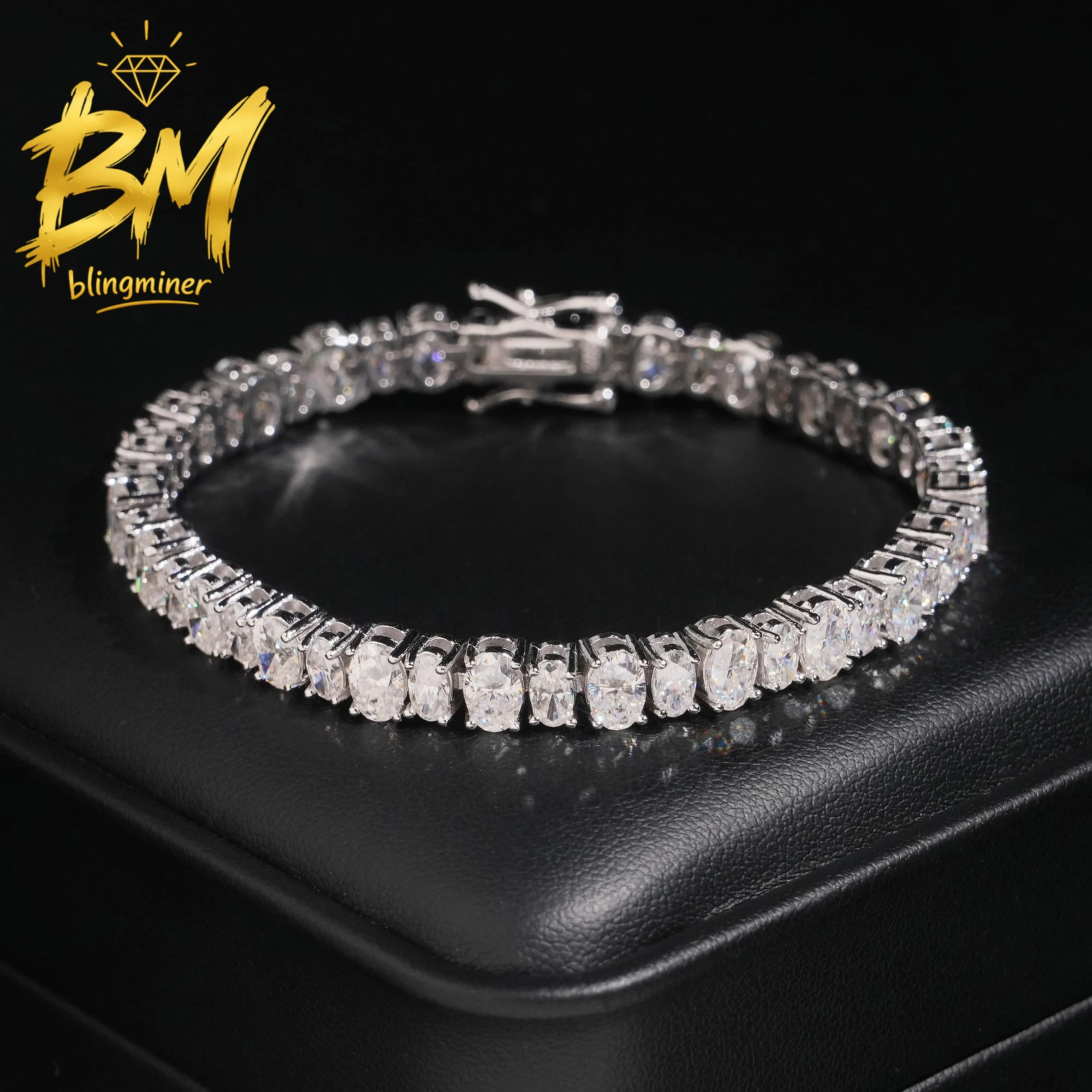 Blingminer New Oval VVS Baguettes Moissanite Tennis Bracelet Iced Out Hand Chain For Men Women S925 Silver Jewelry Pass Diamonds