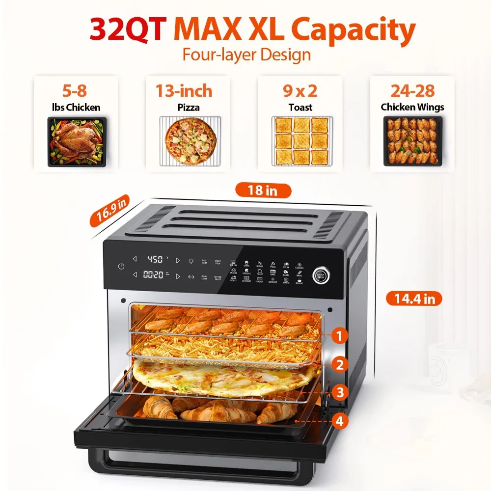 Oven penggorengan udara besar PRO 32-quart, Kombo Oven pemanggang roti dengan Rotisserie, dehidrator, dan aksesori penuh, penggorengan udara Digital 19 dalam 1