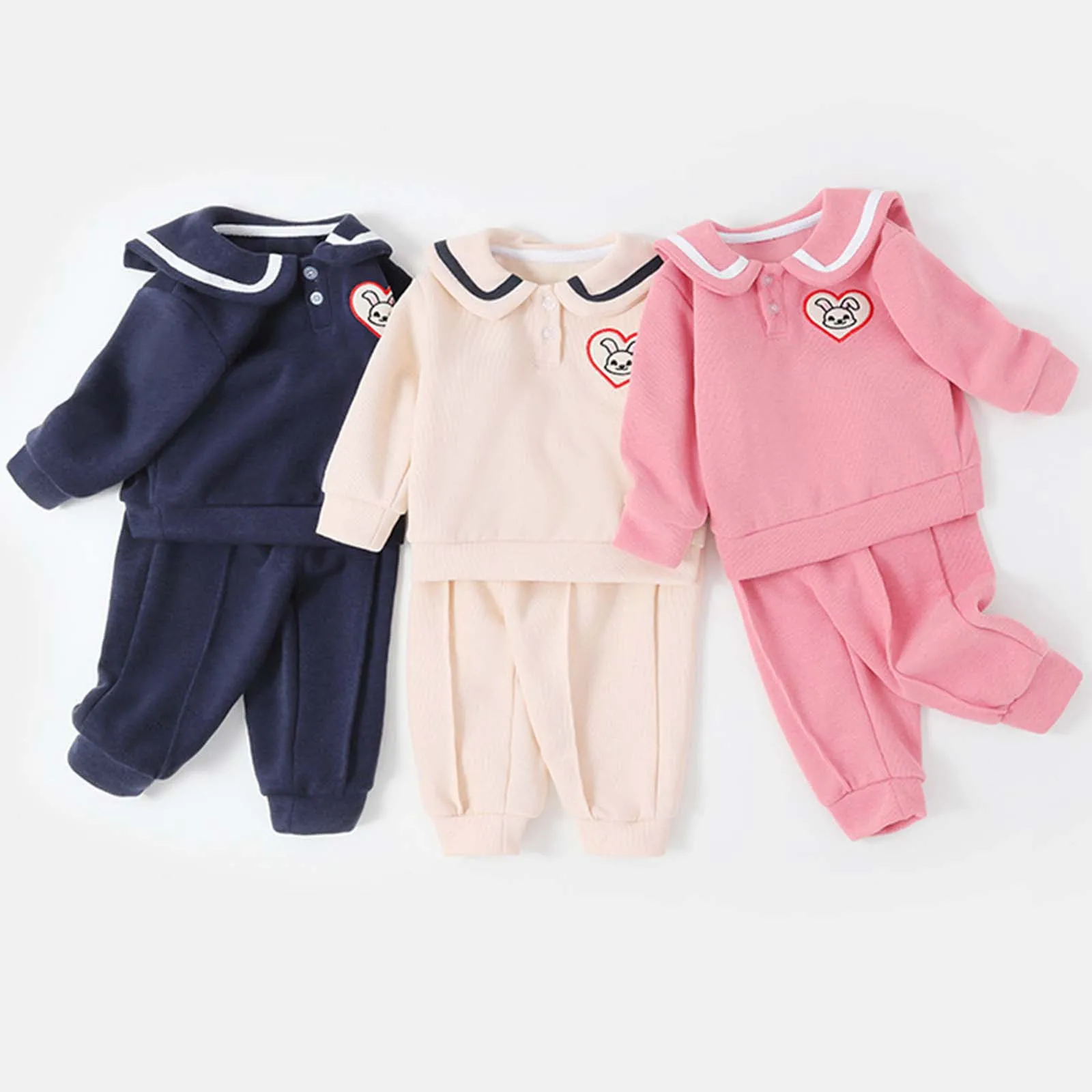 Baby Girls Two-piece Clothes Set Navy Collar Sweatshirt Cotton Solid Color Sport Pants Infant Toddler Boys and Girls Tracksuits