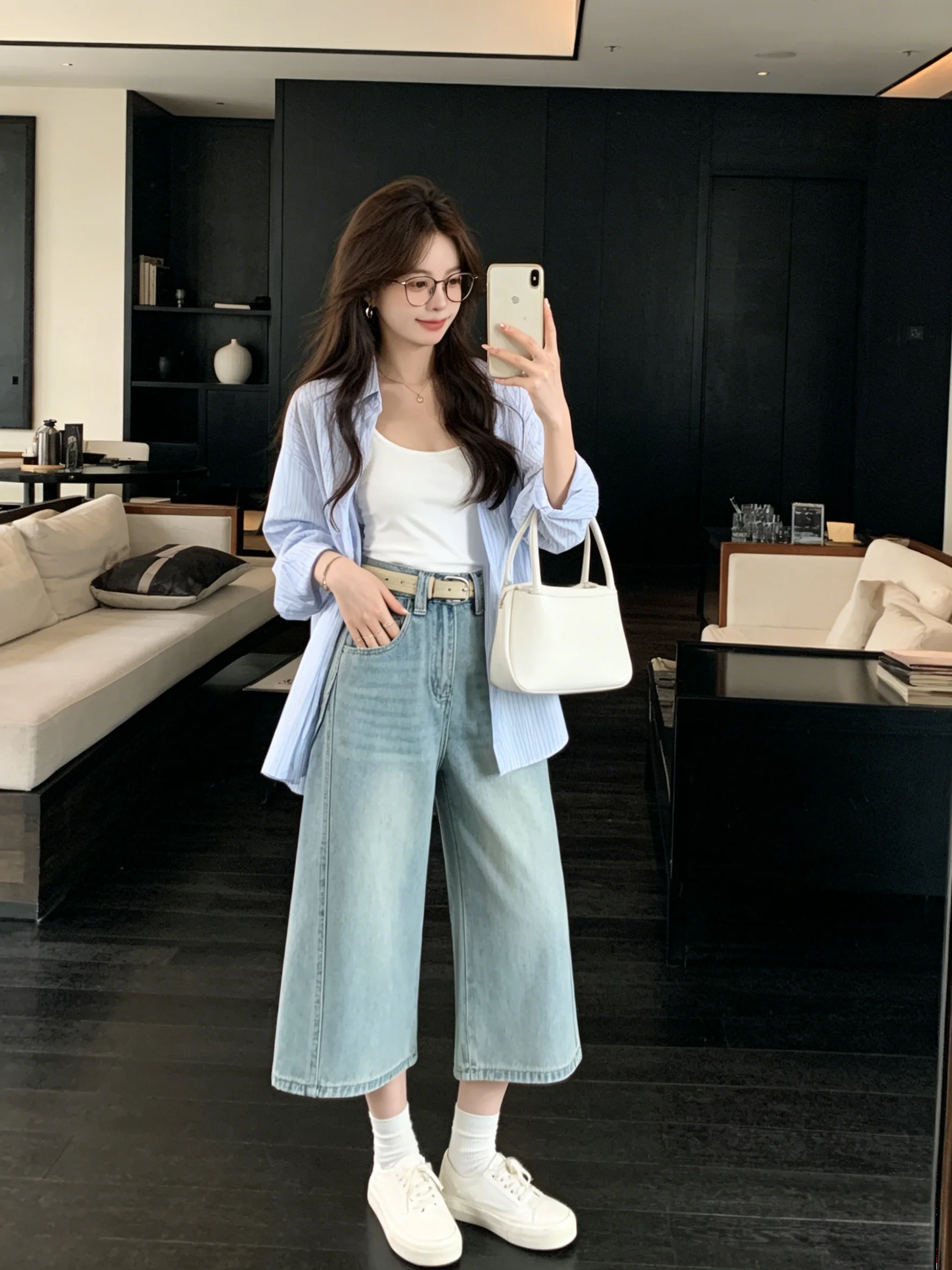 

Retro Korean Style Light Blue Wide Leg Pants Spring Summer Loose Fit Washed Denim Drapey Casual Trousers for Women