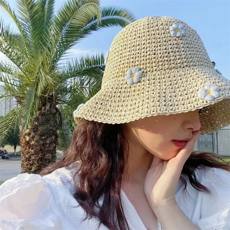 Summer Sun Hat Women Straw Crochet Bucket Hat Women\'s Foldable Panama Cap UV Sun Cap Boho Flower Fishing Hat Vacation Beach Hat