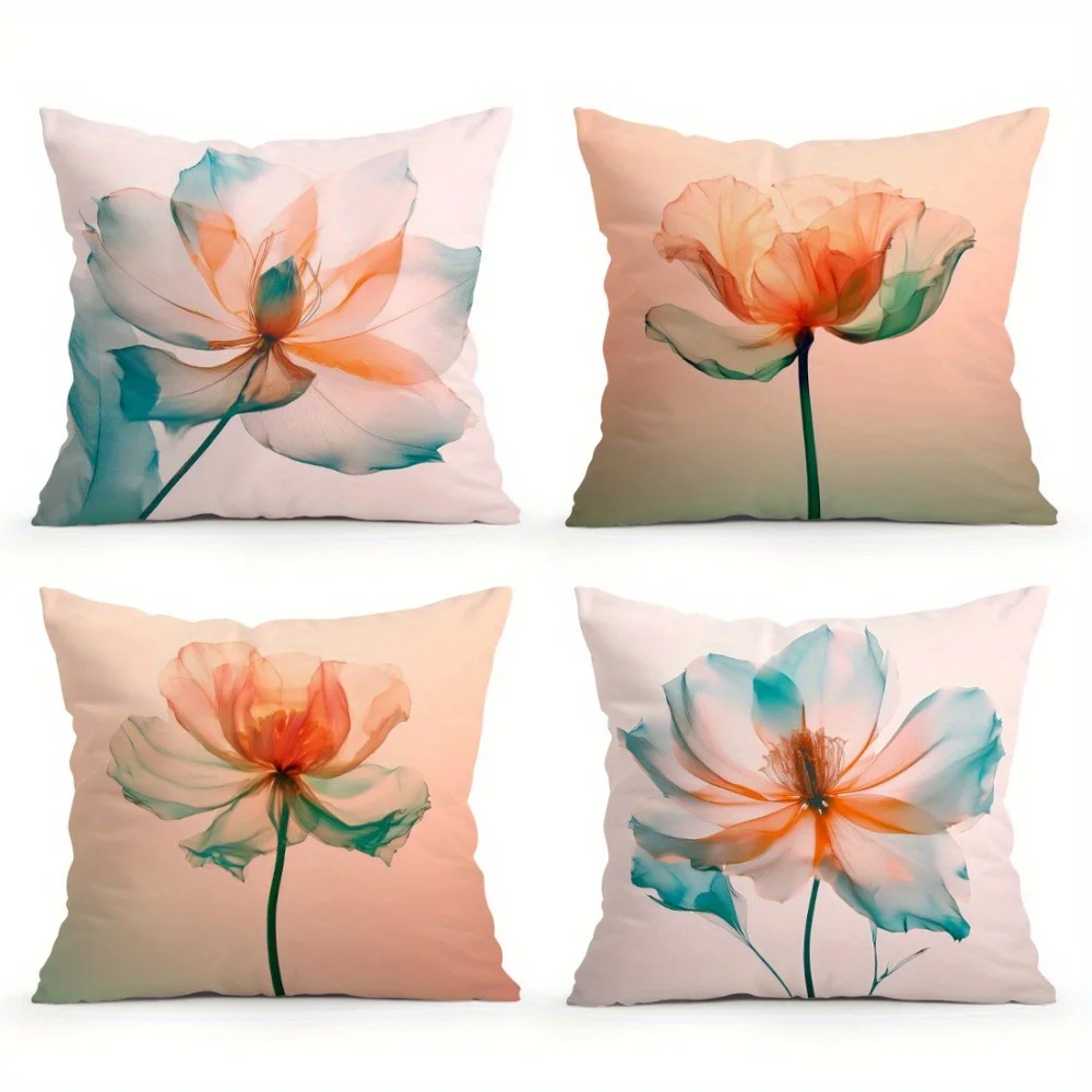 Transparent Watercolor Flower Throw Pillow Covers, Delicate Gradient Lotus & Poppy Print Cushion Cases, Fresh Boho Home Decor