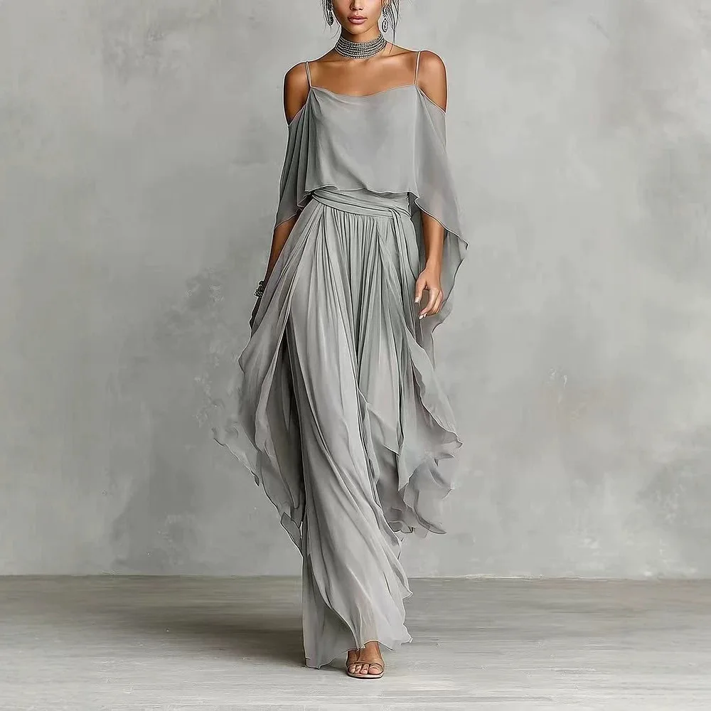 New Elegant Off Shoulder Sling Tops Wide Leg Pant 2PCS Set Summer Female Casual Hollow Sleeve Solid Fashion Draped Party Outfits