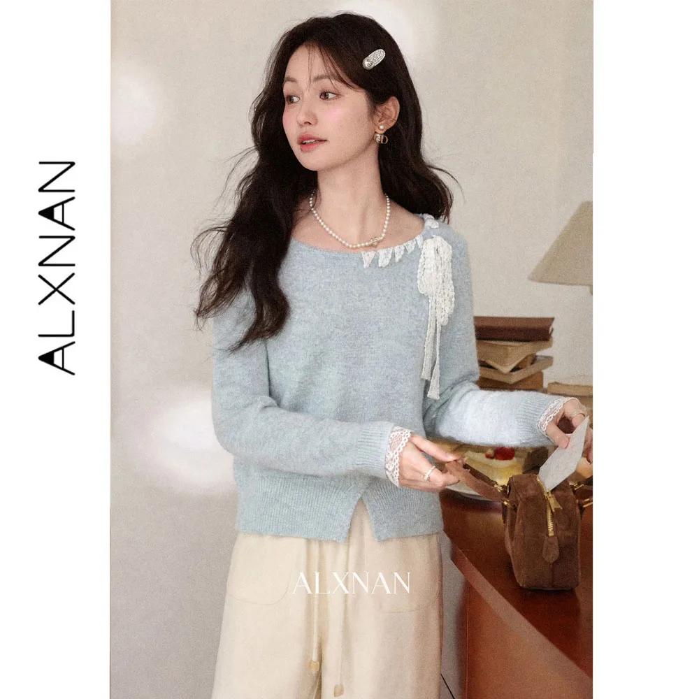 ALXNAN Women's Light Blue Knit Sweater Lace Bow Square Neck Long Sleeve Loose-fit Sweet Fall Pullover with Hem Slit DYL663140