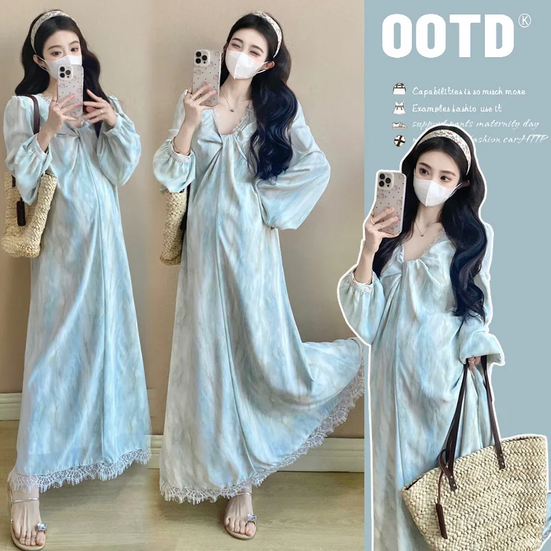 

French Style Maternity Dress Autumn New Elegant Lace Trim Loose Fit Maxi Dress Sophisticated Outfit for Pregnant Women