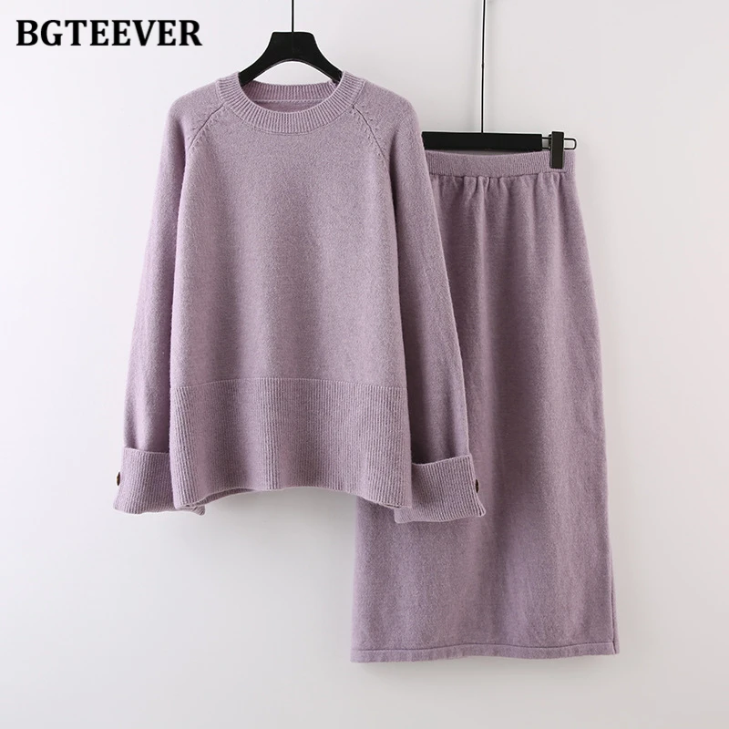 BGTEEVER Autumn Elegant Knitted Skirts Suit Women\'s O-neck Sweater Tops Ladies Straight Skirt Women Two-piece Sets Winter