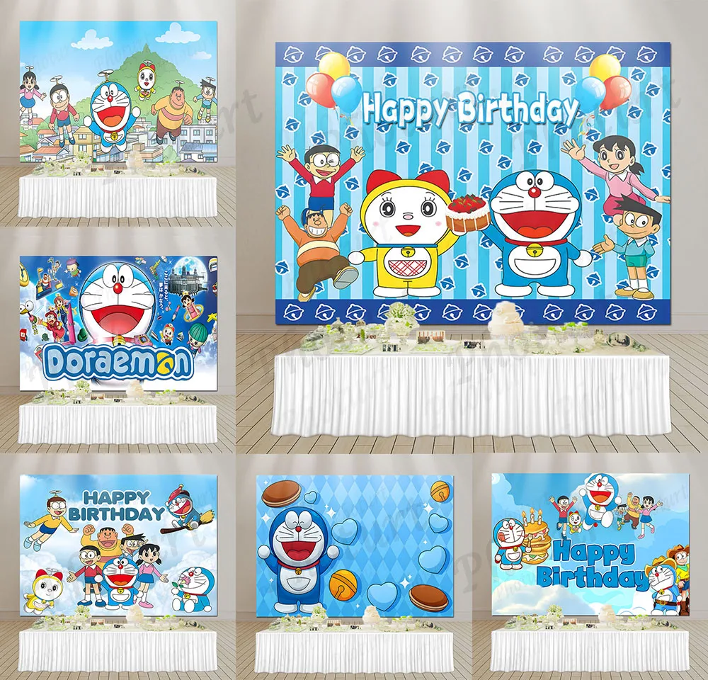 Cute Blue Doraemon Doll Backdrop Kids Birthday Baby Shower Background Cartoon Toy Doll Banner Photography Decoration Props