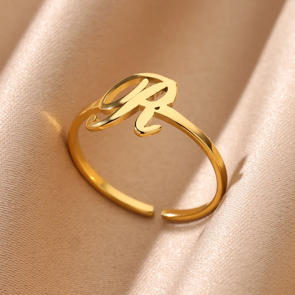 Initial Letter Rings for Women, Gold Color Adjustable A-Z Ring