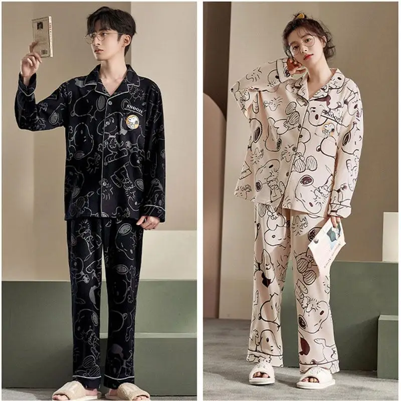 Anime Snoopy Couple Pajamas Home Clothes Long Cardigan Comfort Cartoon Snoopy Pajamas Two Piece Set Soft Casual For Girls Boys