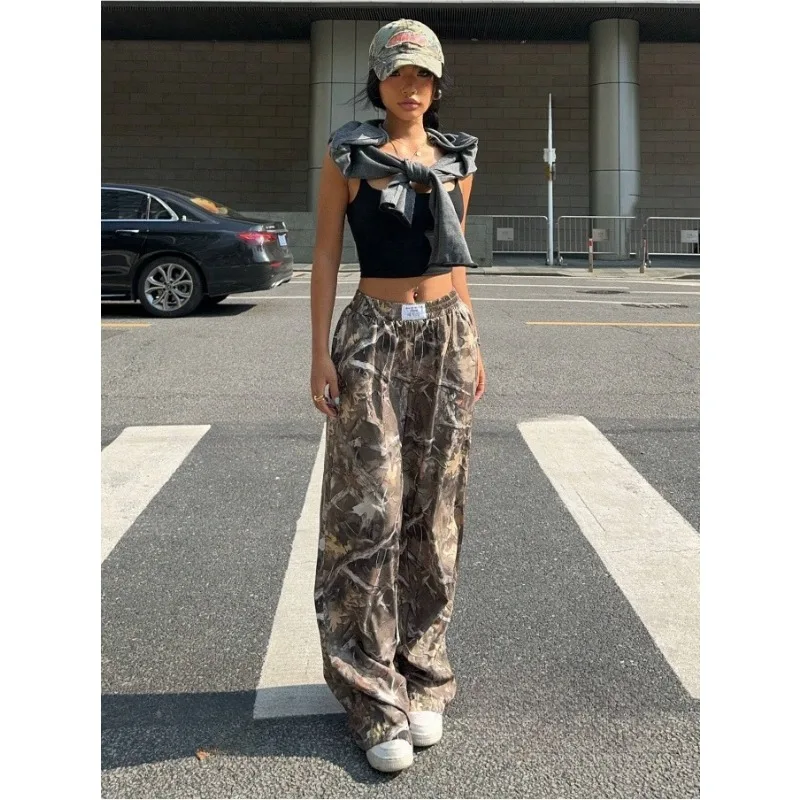 2025 الربيع والخريف الساخن فتاة المرأة الجديدة عالية الخصر بنطال ذو قصة أرجل واسعة فضفاضة ونحيفة الطابق طول سراويل تقليدية