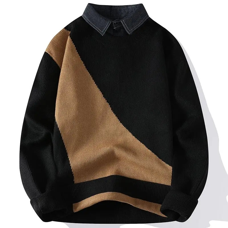 

Fake Two-piece Sweater for Autumn and Winter Men's Sweater Trendy Shirt Collar Base Shirt Youth Versatile Top JJ386