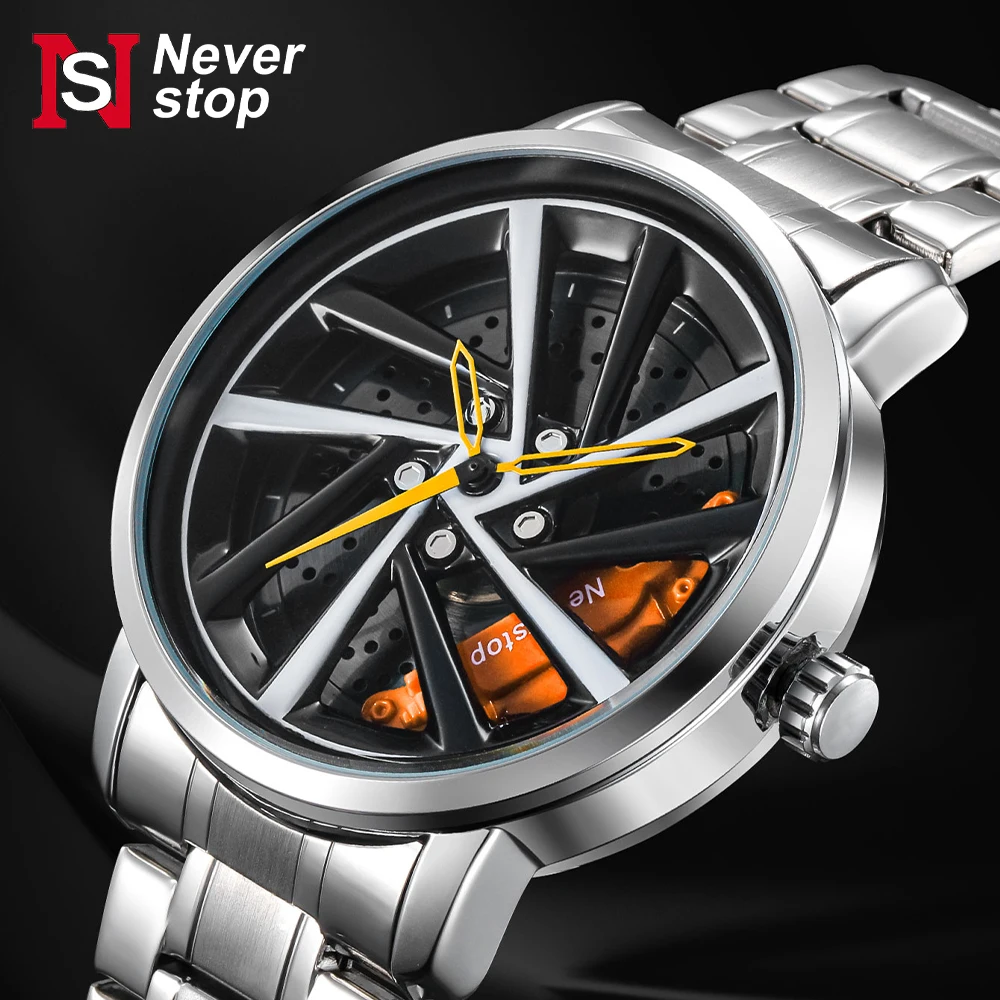 NS brand Fashion Mens Car Wheel Watches Luxury Men Sports Waterproof Quartz Wristwatch Stainless Steel Wheel Hub Watch