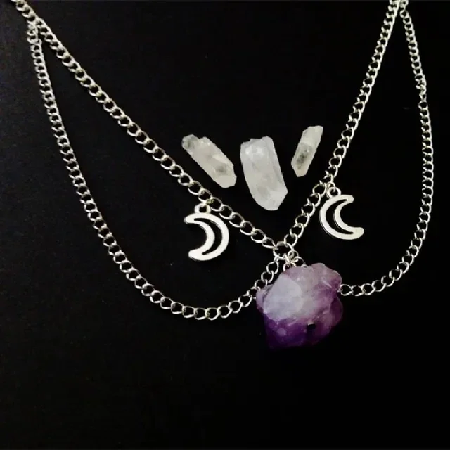 Witch Purple Raw Crystal Triple Moon Chain Necklace Punk Occult Gothic Pendant Pagan Jewelry Wiccan Women Gift Statement Goth