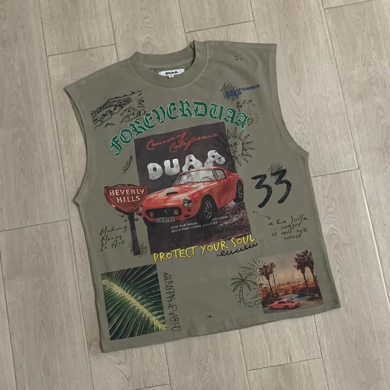 American Trend Brand Hip‑Hop Men Distressed Tank Top Vintage Car Scenery Collage Print Casual Duaa Vest