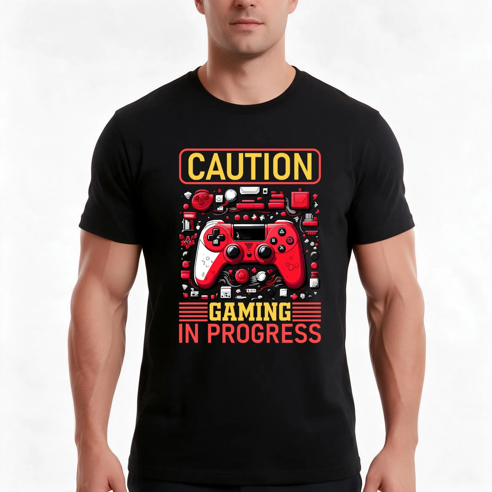 caution gaming in progress T-Shirt, Summer Casual Cotton Tee, Oversized Streetwear Tops, Vintage Graphic Print, Unisex Men Women