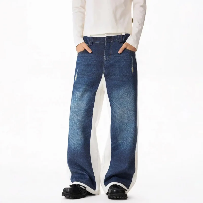 2026 Summer AB Side Blue White Color Block Handmade Distressed Print Jeans Men Women Loose Wide Leg American Retro Style Vintage
