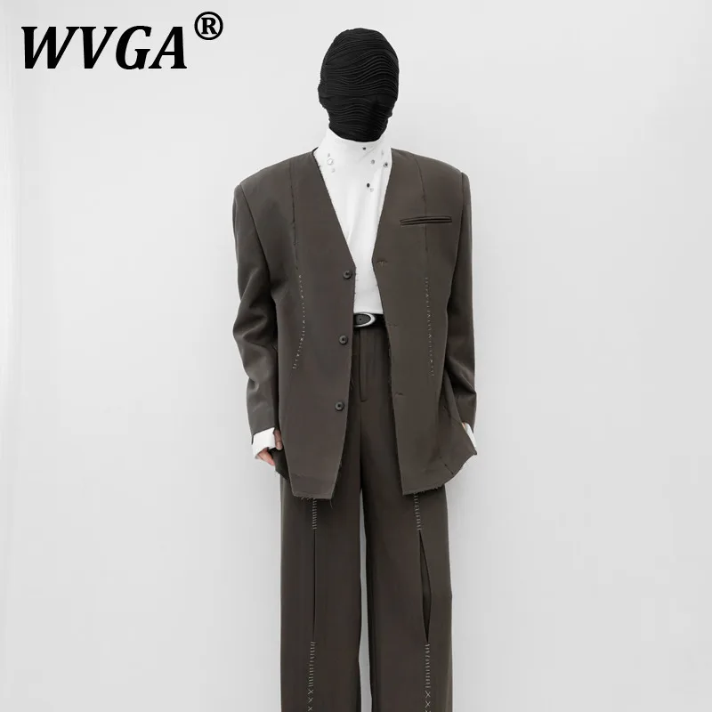 

WVGA Spring Autumn New Men High Street Collarless Design Hand-sewn Hems Long Sleeve Blazer Niche Stylish Casual Suit Pants W8349