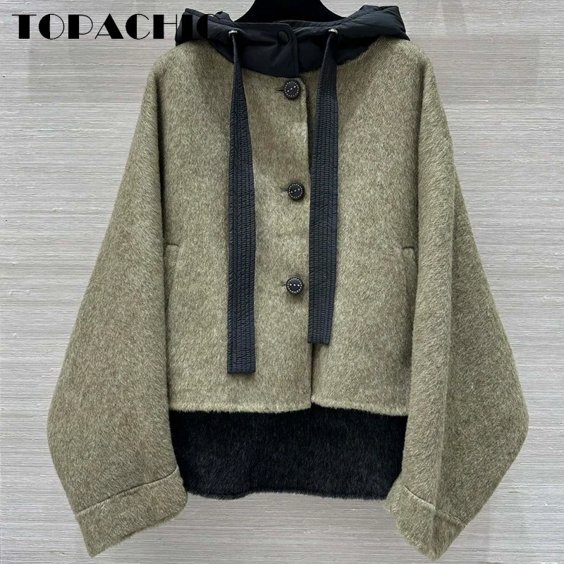 9.25 TOPACHIC-Women Double-Sided Short Capes Coat Fashion Keep Warm Down Ribbon Hooded Spliced Wool Single Breasted Outerwear