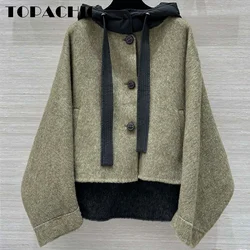 9.25 TOPACHIC-Women Double-Sided Short Capes Coat Fashion Keep Warm Down Ribbon Hooded Spliced Wool Single Breasted Outerwear